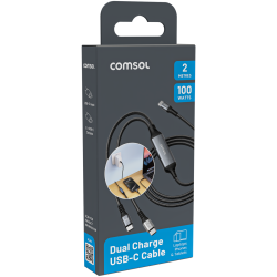 Comsol 2m Black USB-C to 2 x USB-C Dual Charge Cable 100W