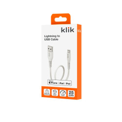 Klik 25cm Apple Lightning to USB Sync/Charge MFi Cable - White